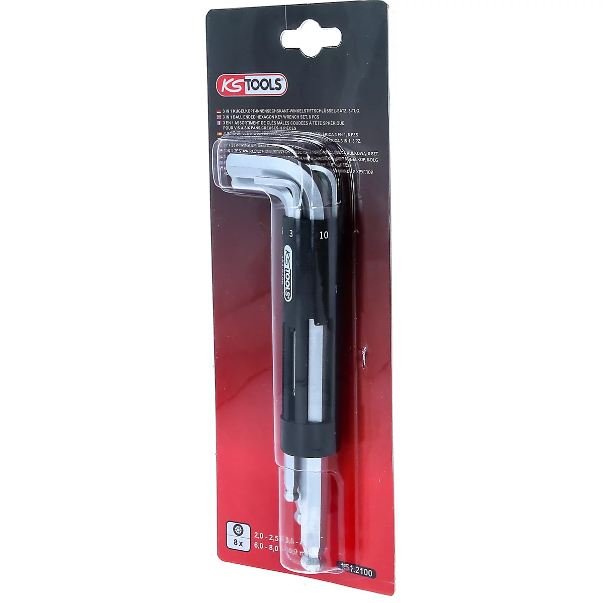 Ein Satz Inbusschlüssel in Kunststoffverpackung. Der Text "KS TOOLS" ist auf der Verpackung zu sehen, daneben steht die Größenangabe.